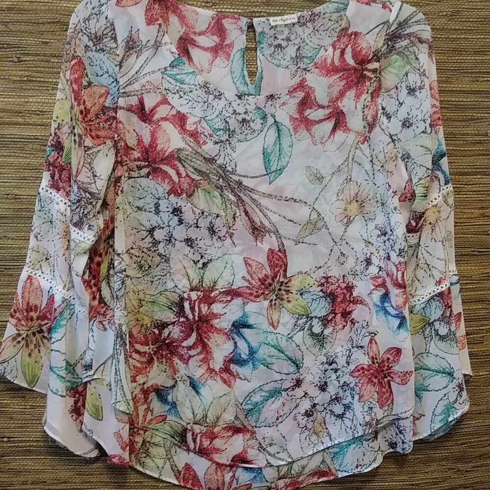 🌺 SIGNI Floral Blouse Top  Vibrant Boho Print  Size L  Made in Indonesia